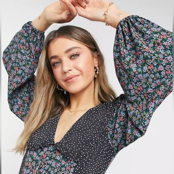 Asos Design Mixed Floral Button Front Skater Mini Dress 10 - Picture 2 of 9